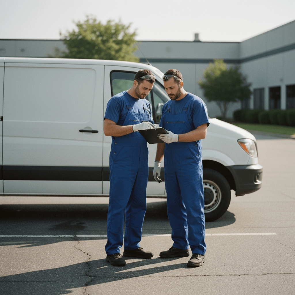 Zwei erfahrene Handwerker besprechen einen Einsatz vor dem Servicefahrzeug