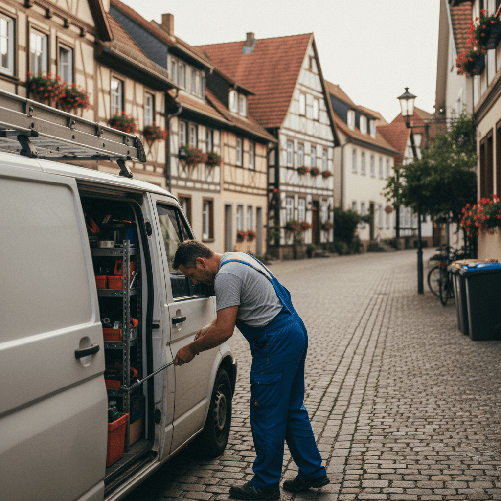 Einsatzfahrzeug bei Nacht vor einem Wohnhaus für Notdienste