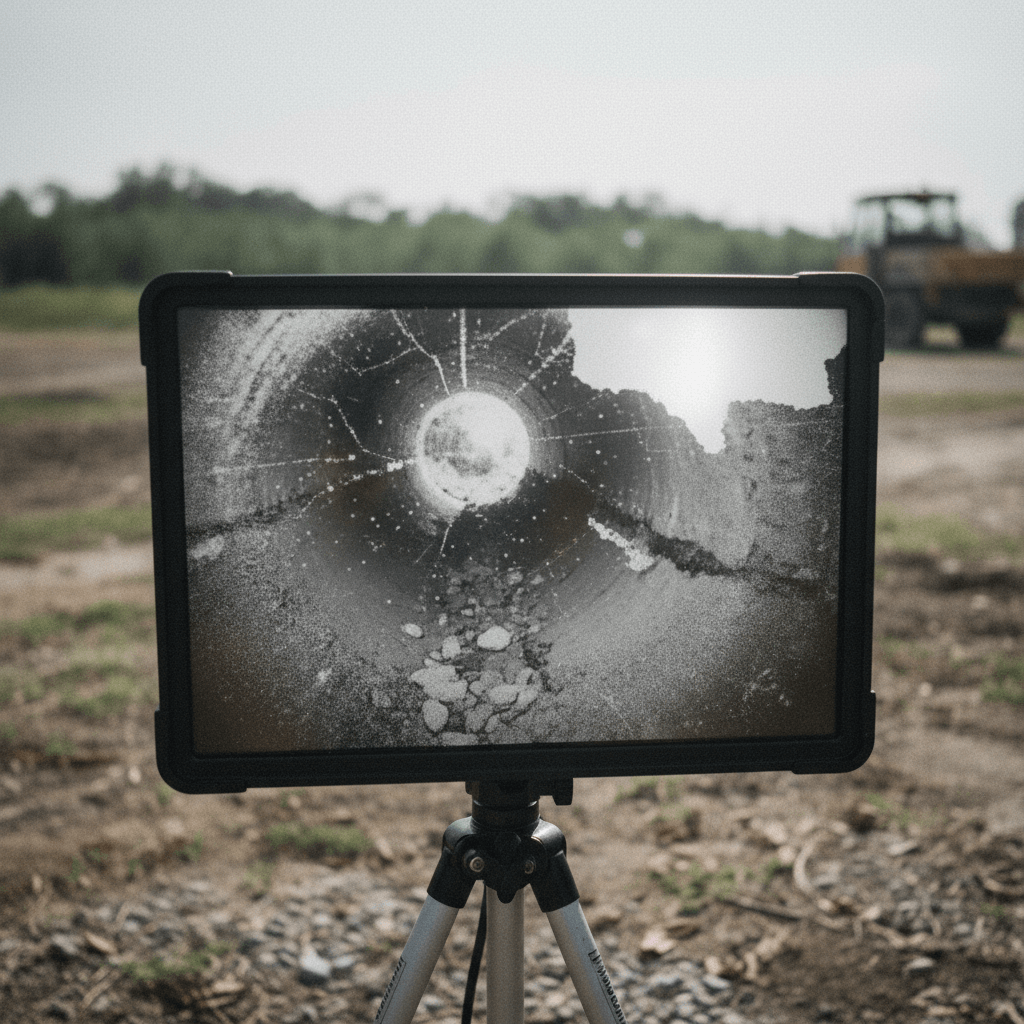 Monitorbild einer TV-Kanalinspektion Kanalreinigung zeigt das Innere eines Rohres