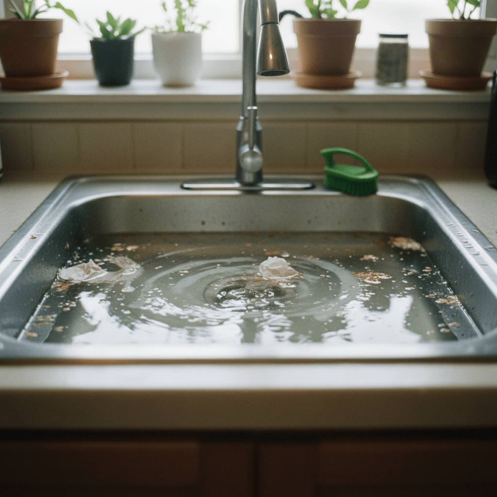 Verstopftes Waschbecken in einer Küche mit stehendem Wasser