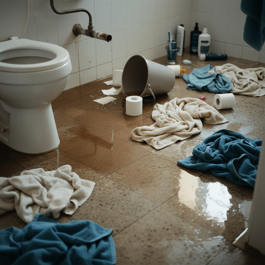 Badezimmerboden mit Handtüchern wegen Wasserschaden